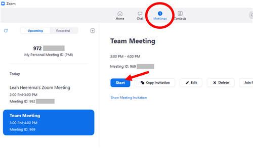 start a scheduled meeting 